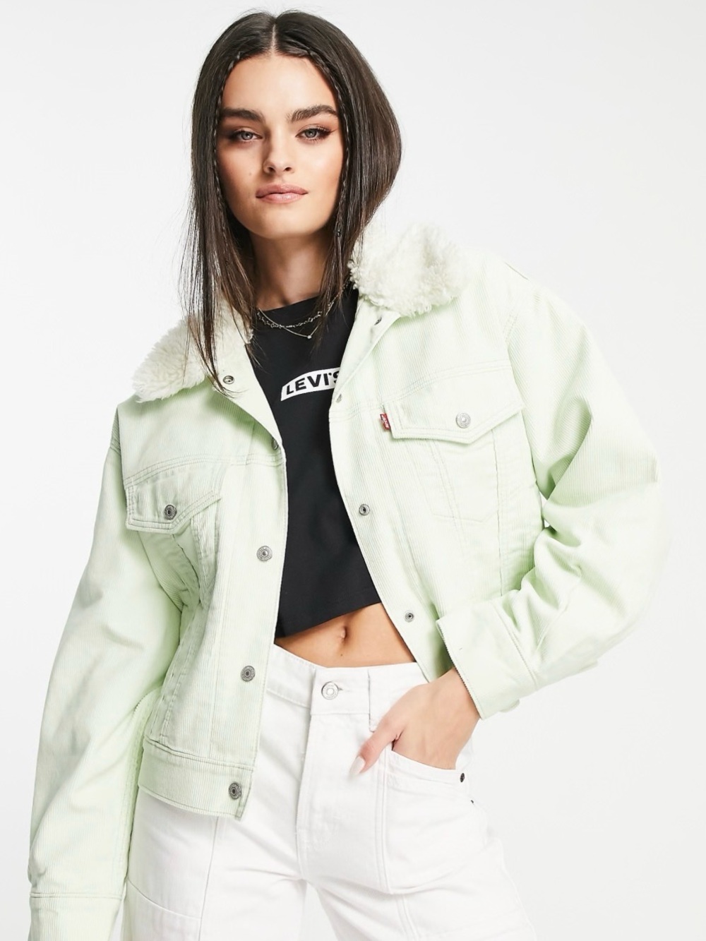 Levi’s Sherpa Ex-Boyfriend Sage Corduroy Trucker Jacket - Picture 9 of 9
